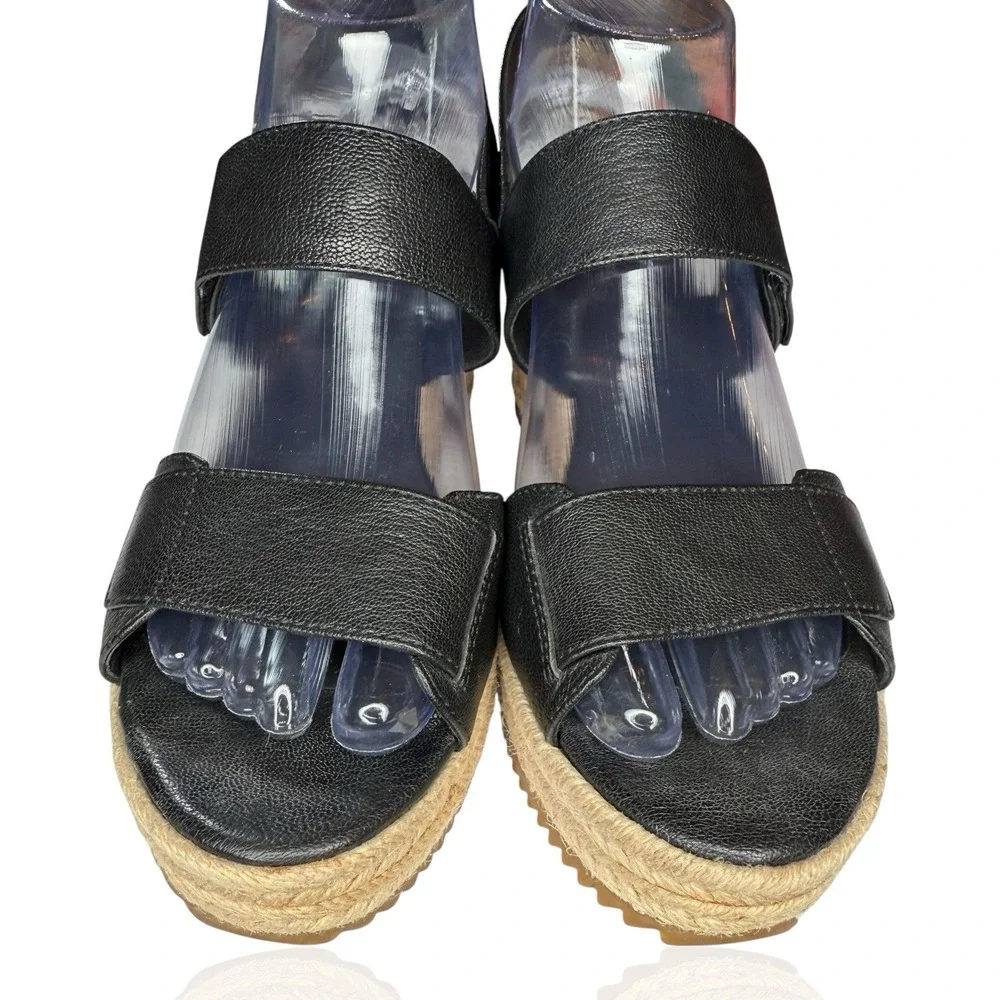 NEW Eileen Fisher 8.5 Winnie Tumbled Black Leather Espadrille Wedge‎ Sandals